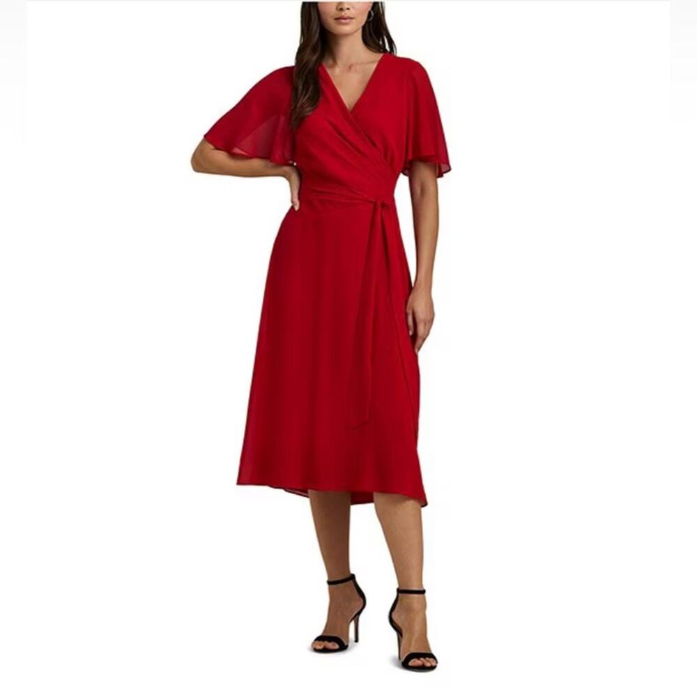 Lauren Ralph $145 Flutter Sleeve Georgette Faux Wrap Midi Red Dress Size 14